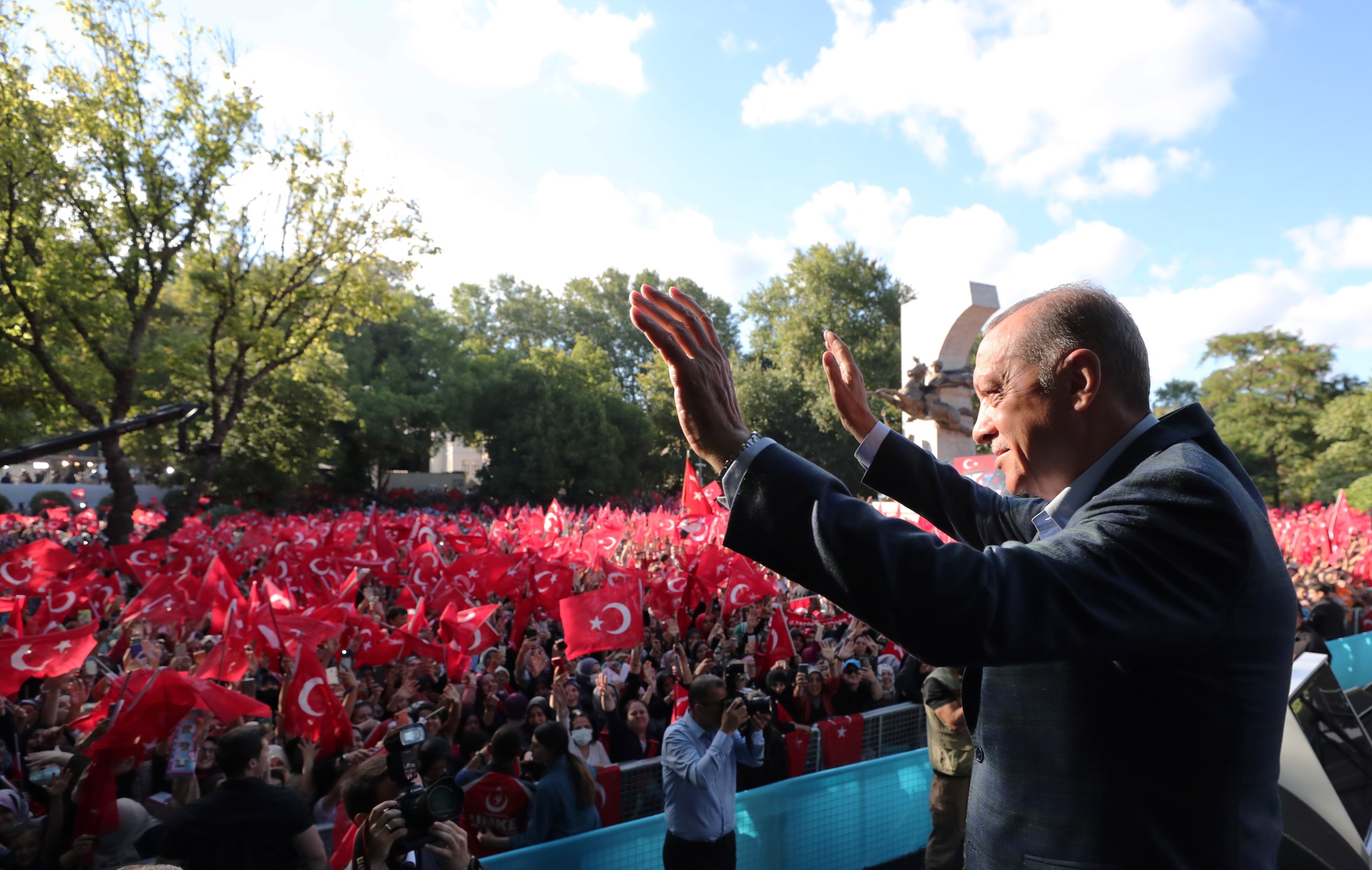 epa10072802 A handout photo made available by Turkish President Press Office shows, Turkish President Recep Tayyip Erdogan greets supporters during a rally marking the 6th anniversary of the failed coup attempt, in Istanbul, Turkey, 15 July 2022. Turkey marks the sixth anniversary of the failed coup attempt which led to some 50 thousand workers being dismissed, some eight thousand people arrested, and scores of news outlets shut down by the government. Turkish military factions on 15 July 2016 attempted a coup for which Turkish President Recep Tayyip Erdogan blamed US-based Turkish cleric Fethullah Gulen and his movement to allegedly have masterminded the attempt.  EPA/TURKISH PRESIDNET PRESS OFFICE HANDOUT  HANDOUT EDITORIAL USE ONLY/NO SALES