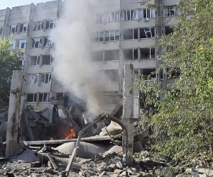 epa10076277 A handout photo made available by the press service of the State Emergency Service of Ukraine shows a damaged building after a shelling in Mykolaiv, Ukraine, 17 July 2022. According to Mykolaiv Regional State Administration head Vitaly Kim, Mykolaiv was under massive rocket fire in which two industrial enterprises caught fire.  EPA/UKRAINIAN STATE EMERGENCY SERVICE / HANDOUT  HANDOUT EDITORIAL USE ONLY/NO SALES