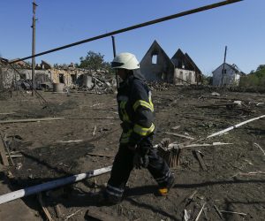epa10079948 A Ukrainian rescuer works at the site of a damaged building after a rocket attack in the Odesa area, southern Ukraine, 19 July 2022. According to Odesa Military Administration spokesman Serhii Bratchuk, six people, including a child, were injured during shelling. A total of seven rockets were launched overnight by Russia at the Odesa region in southern Ukraine. Russian troops on 24 February entered Ukrainian territory, starting a conflict that has provoked destruction and a humanitarian crisis.  EPA/STRINGER