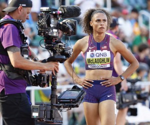 epa10080776 Sydney McLaughlin (R) of the USA reacts after competing in the women's 400m Hurdles heats at the World Athletics Championships Oregon22 at Hayward Field in Eugene, Oregon, USA, 19 July 2022.  EPA/John G. Mabanglo