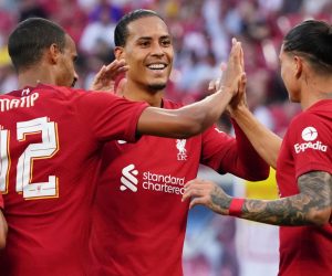 epa10084888 Liverpool’s players celebrate after scoring the 0-2 goal during the pre-season international friendly soccer match between RB Leipzig and Liverpool FC in Leipzig, Germany, 21 July 2022.  EPA/CLEMENS BILAN