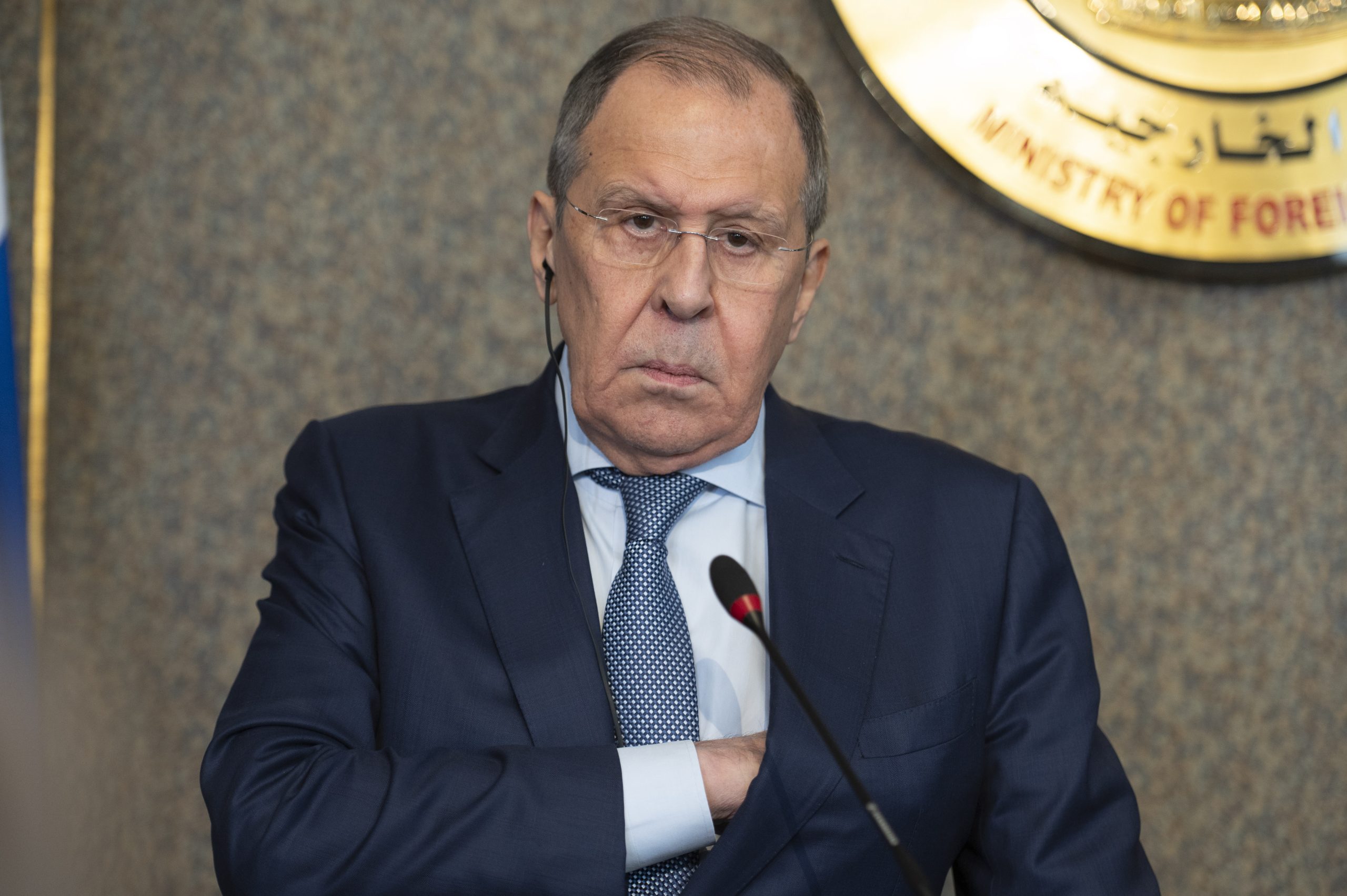 epa10089557 Russian Foreign Minister Sergei Lavrov attends a press conference after a meeting with his Egyptian counterpart Shoukry, in Cairo, Egypt, 24 July 2022. Lavrov is on an official visit to Egypt.  EPA/MOHAMED HOSSAM