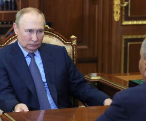 epa10092330 Russian President Vladimir Putin (L) attends a meeting with Roscosmos State Space Corporation Director General Yuri Borisov (R) at the Kremlin in Moscow, Russia, 26 July 2022. Roscosmos head Borisov announced Russia's plans to withdraw from the ISS project after 2024 and begin the formation of the Russian Orbital Station.  EPA/MIKHAIL KLIMENTYEV / KREMLIN POOL / SPUTNIK / POOL MANDATORY CREDIT