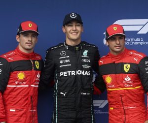 epa10098680 British Formula One driver George Russell of Mercedes-AMG Petronas (C) poses after setting a pole position with second placed Spanish Formula One driver Carlos Sainz of Scuderia Ferrari (L) and third placed Ferrari driver Charles Leclerc of Monaco during the qualifying session of the Formula One Grand Prix of Hungary at the Hungaroring circuit in Mogyorod, near Budapest, Hungary, 30 July 2022. The Formula One Grand Prix of Hungary will take place on 31 July 2022.  EPA/Zoltan Balogh HUNGARY OUT