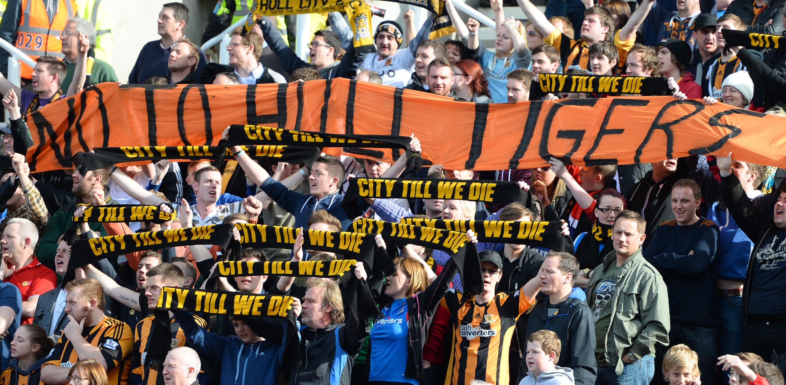 March 29, 2014 - Stoke On Trent, United Kingdom - Hull City fans voice their concerns over the club name change - Barclays Premier League - Stoke City vs Hull City - Britannia Stadium - Stoke - England - 29th March 2014 - Pic Simon Bellis/Sportimage. (Cal Sport Media via AP Images)