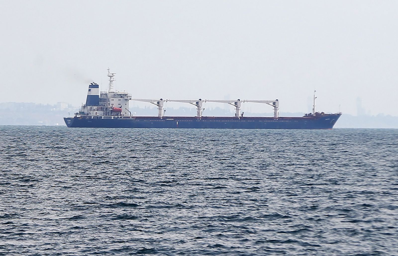 epa10101160 Sierra Leone-flagged cargo ship 'Razoni' leaves the port of Odesa, Ukraine, 01 August 2022. The Razoni carries over 26,000 tons of corn and is bound for Tripoli, Lebanon with a stopover in Istanbul for inspection. It is the first ship exporting Ukrainian grain since a safe passage deal was signed between Ukraine and Russia on 22 July in Istanbul. Russian troops on 24 February entered Ukrainian territory, starting a conflict that has provoked destruction and a humanitarian crisis.  EPA/STR