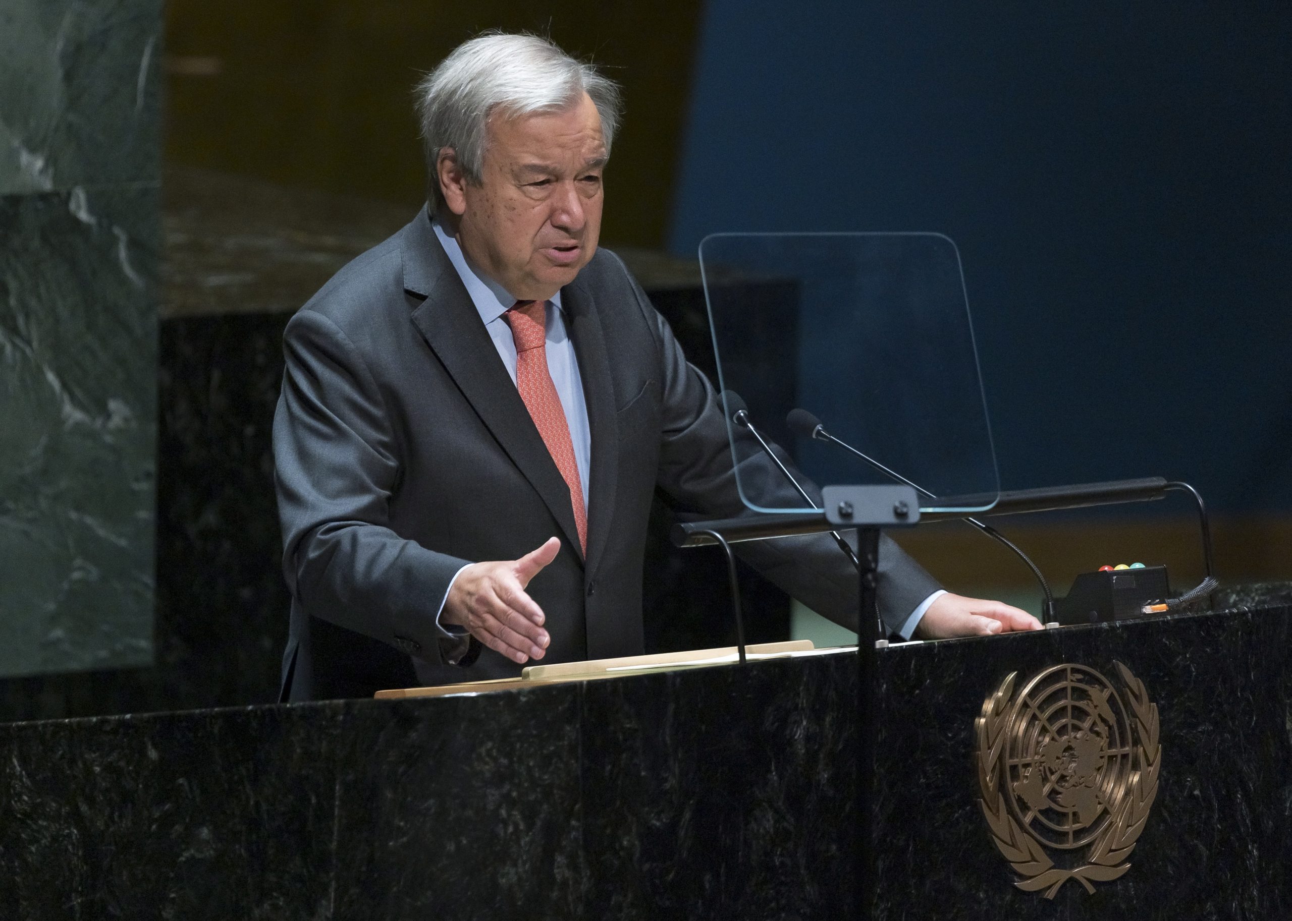 epa10101611 United Nations Secretary-General Antonio Guterres addresses the Tenth Review Conference of the Parties to the Treaty on the Non-Proliferation of Nuclear Weapons (NPT) at United Nations headquarters in New York, New York, USA, 01 August 2022. The NPT is an international treaty intended to prevent the spread of nuclear weapons and promote the safety of nuclear energy, with the long term objective of achieving complete disarmament.  EPA/JUSTIN LANE