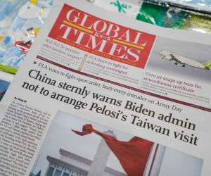 epa10102795 An article on China's response to US House of Representatives Speaker Nancy Pelosi's visit to Taiwan was published on the front page of the Global Times English version in Beijing, China, 02 August 2022. China has raised a warning stating its military will not sit idle if US House of Representatives Speaker Nancy Pelosi visits Taiwan. Pelosi is leading a Congressional delegation to the Indo-Pacific region with a visit to Singapore, Malaysia, South Korea and Japan.  EPA/WU HAO