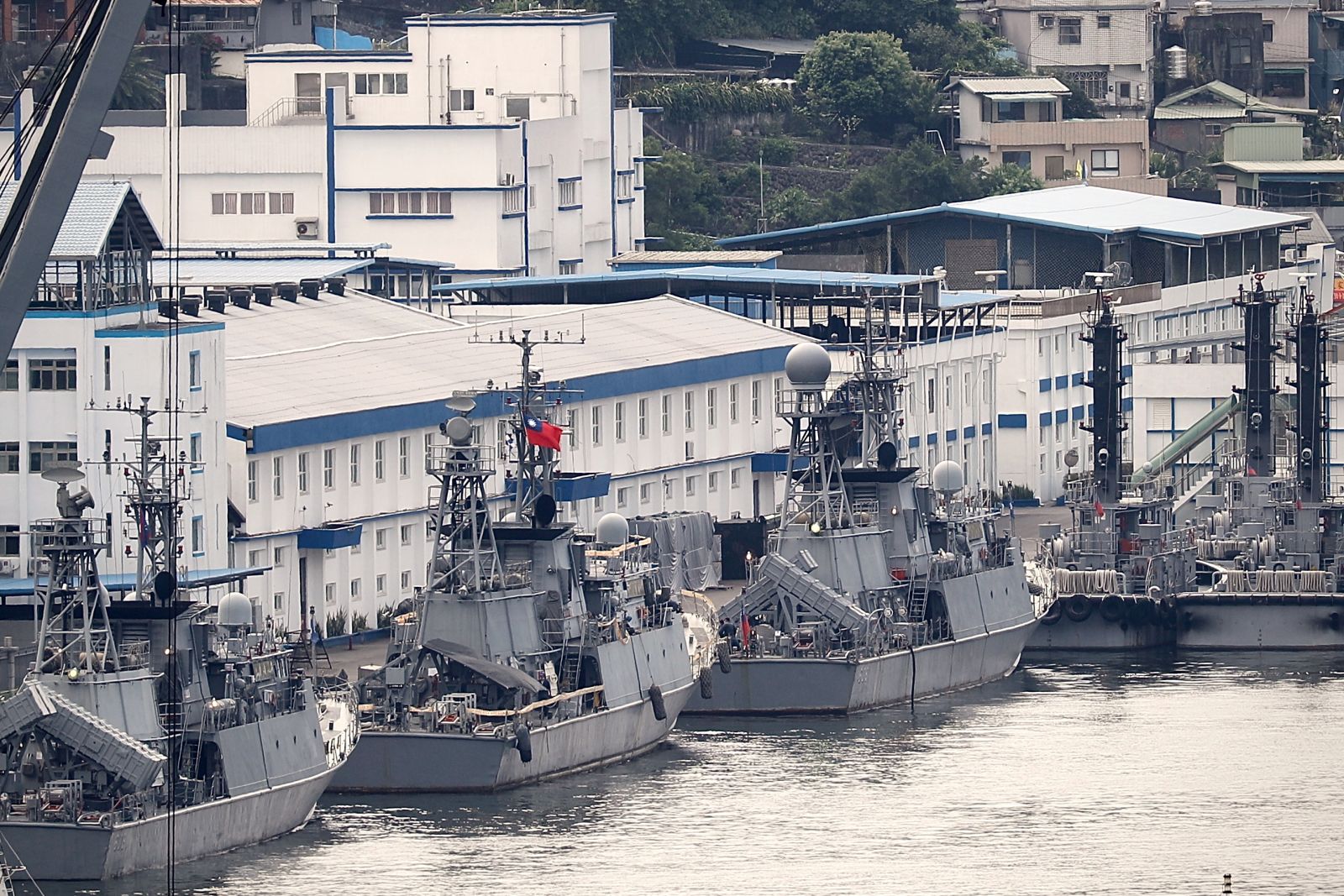 epa10106845 Taiwan Navy's battle ships anchored at a harbour in Keelung city, Taiwan, 05 August 2022. Following a visit of US House of Representatives Speaker Pelosi to Taiwan, the Chinese military started to hold a series of live-fire drills in six maritime areas around Taiwan's main island, planned from 04 to 07 August 2022.  EPA/RITCHIE B. TONGO