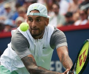 epa10114799 Nick Kyrgios of Australia in action against Daniil Medvedev of Russia during the men's ATP National Bank Open tennis tournament in Montreal, Canada, 10 August 2022.  EPA/ANDRE PICHETTE