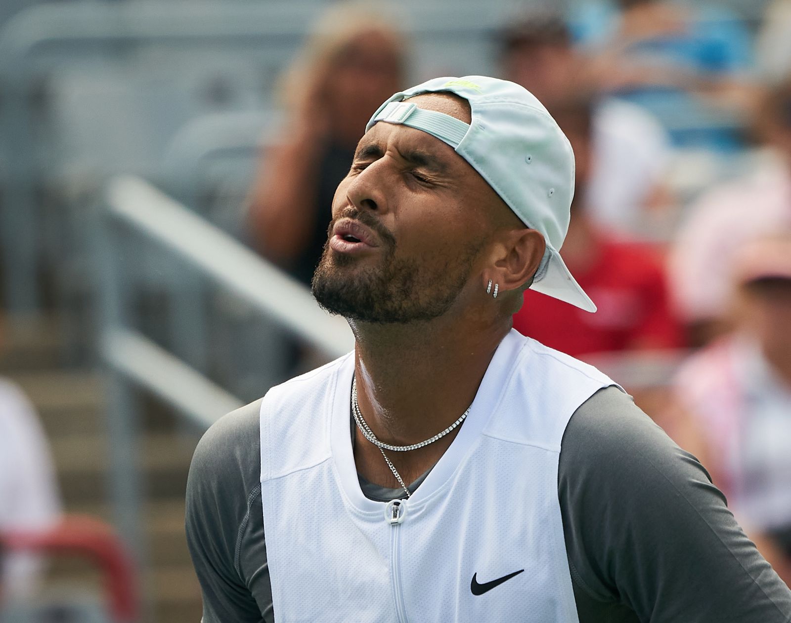 epa10114797 Nick Kyrgios of Australia reacts against Daniil Medvedev of Russia during the men's ATP National Bank Open tennis tournament in Montreal, Canada, 10 August 2022.  EPA/ANDRE PICHETTE