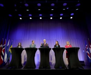 epa10122368 (L-R) Prime Ministers of Iceland Katrin Jakobsdottir, Denmark's Mette Frederiksen, Norway's Jonas Gahr Store, Finland's Sanna Marin and Sweden's Magdalena Andersson attend a press conference after the Nordic prime minister's meeting in Oslo, Norway, 15 August 2022.  EPA/Hakon Mosvold Larsen  NORWAY OUT