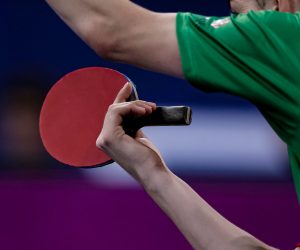epa10122318 Csaba Andras of Hungary competes in the Table Tennis Men's Singles Group Play Stage event at the European Championships Munich 2022, Munich, Germany, 15 August 2022.  EPA/LEONHARD SIMON