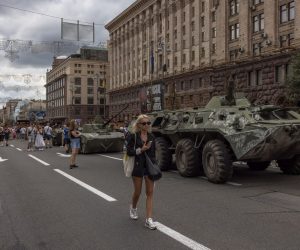 epa10130458 People pass Russian armoured military vehicles that were destroyed in fights with the Ukrainian army, displayed on Khreshchatyk street, in downtown Kyiv, ahead of the 'Independence Day', Ukraine, 20 August 2022. Ukrainians will mark the 31st anniversary of Ukraine's independence from the Soviet Union in 1991, as the Russian invasion continues. Russian troops on 24 February entered Ukrainian territory, starting the conflict that has provoked destruction and a humanitarian crisis.  EPA/ROMAN PILIPEY