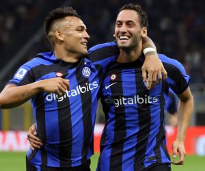 epa10131029 Inter Milan’s Hakan Calhanoglu (R) jubilates with his teammate Lautaro Martinez after scoring during the Italian serie A soccer match between FC Inter and Spezia at Giuseppe Meazza stadium in Milan, Italy, 20 August 2022.  EPA/MATTEO BAZZI