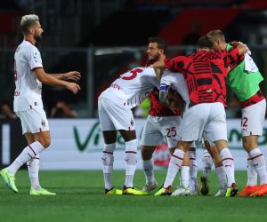 epa10132814 Milan’s Ismael Bennacer celebrates after the goal 1-1 with his teammates during the Italian Serie A soccer match Atalanta BC vs AC Milan at the Gewiss Stadium in Bergamo, Italy, 21 August 2022.  EPA/PAOLO MAGNI