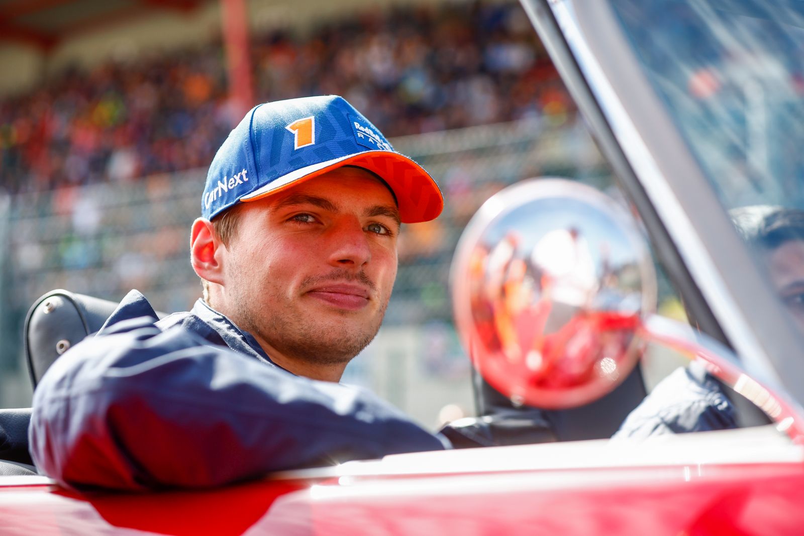 epa10143187 Dutch Formula One driver Max Verstappen of Red Bull Racing reacts during the driver parade ahead of the Formula One Grand Prix of Belgium at the Spa-Francorchamps race track in Stavelot, Belgium, 28 August 2022.  EPA/STEPHANIE LECOCQ