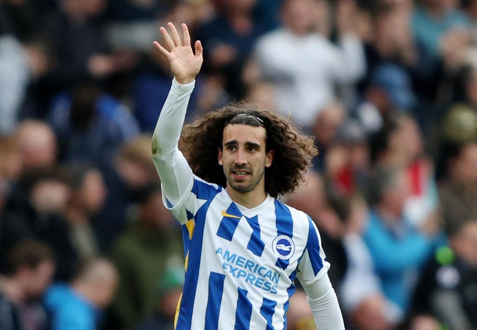 Soccer Football - Premier League - Brighton & Hove Albion v Manchester United - The American Express Community Stadium, Brighton, Britain - May 7, 2022 Brighton & Hove Albion's Marc Cucurella celebrates scoring their second goal REUTERS/Ian Walton EDITORIAL USE ONLY. No use with unauthorized audio, video, data, fixture lists, club/league logos or 'live' services. Online in-match use limited to 75 images, no video emulation. No use in betting, games or single club /league/player publications.  Please contact your account representative for further details. Photo: Ian Walton/REUTERS