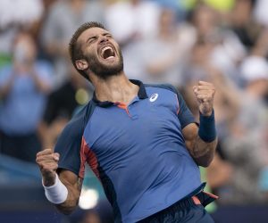 Aug 21, 2022; Cincinnati, OH, USA; Borna Coric (CRO) celebrates winning the men’s final match against Stefanos Tsitsipas (GRE) at the Western & Southern Open at the Lindner Family Tennis Center. Mandatory Credit: Susan Mullane-USA TODAY Sports Photo: Susan Mullane/REUTERS