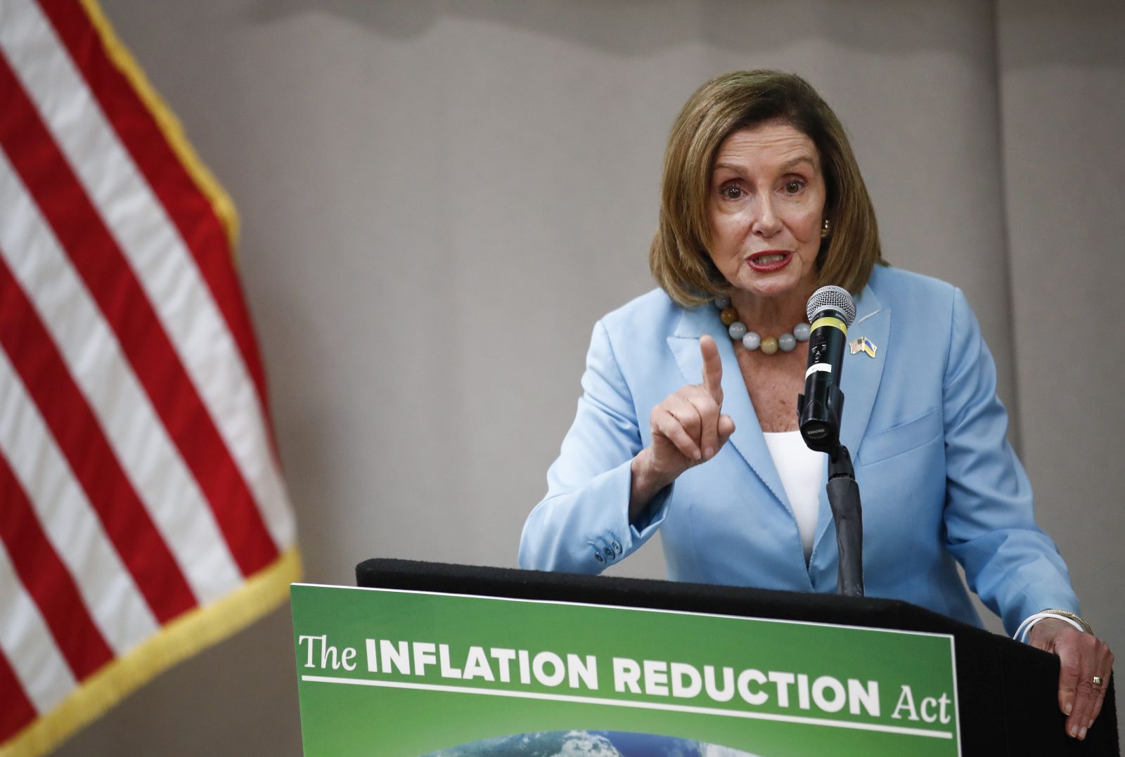 epa10138893 Speaker of the House Nancy Pelosi discusses the Inflation Reduction Act after touring the Los Angeles Cleantech Incubator at the La Kretz Innovation Campus in Los Angeles, California, USA, 25 August 2022.  EPA/CAROLINE BREHMAN