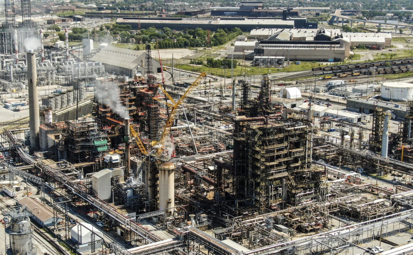 epa10148213 An aerial photo made with a drone shows the BP oil refinery in Whiting, Indiana, USA, 30 August 2022. A recent fire at the facility caused it to be shut down. The refinery is the sixth largest in the US and BP's largest in the country processing 435,000 barrels per day. The company hopes to have a phased restart of the refinery within days.  EPA/TANNEN MAURY