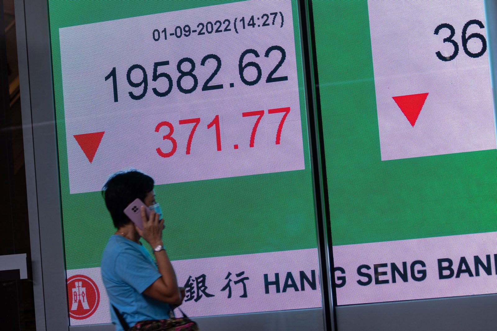 epa10151600 A woman walks past a billboard showing the Hang Seng Index in Hong Kong, China, 01 September 2022. The Hang Seng Index fell two percent, the lowest since August 24, amid renewed concerns about worsening cross-strait tensions.  EPA/JEROME FAVRE