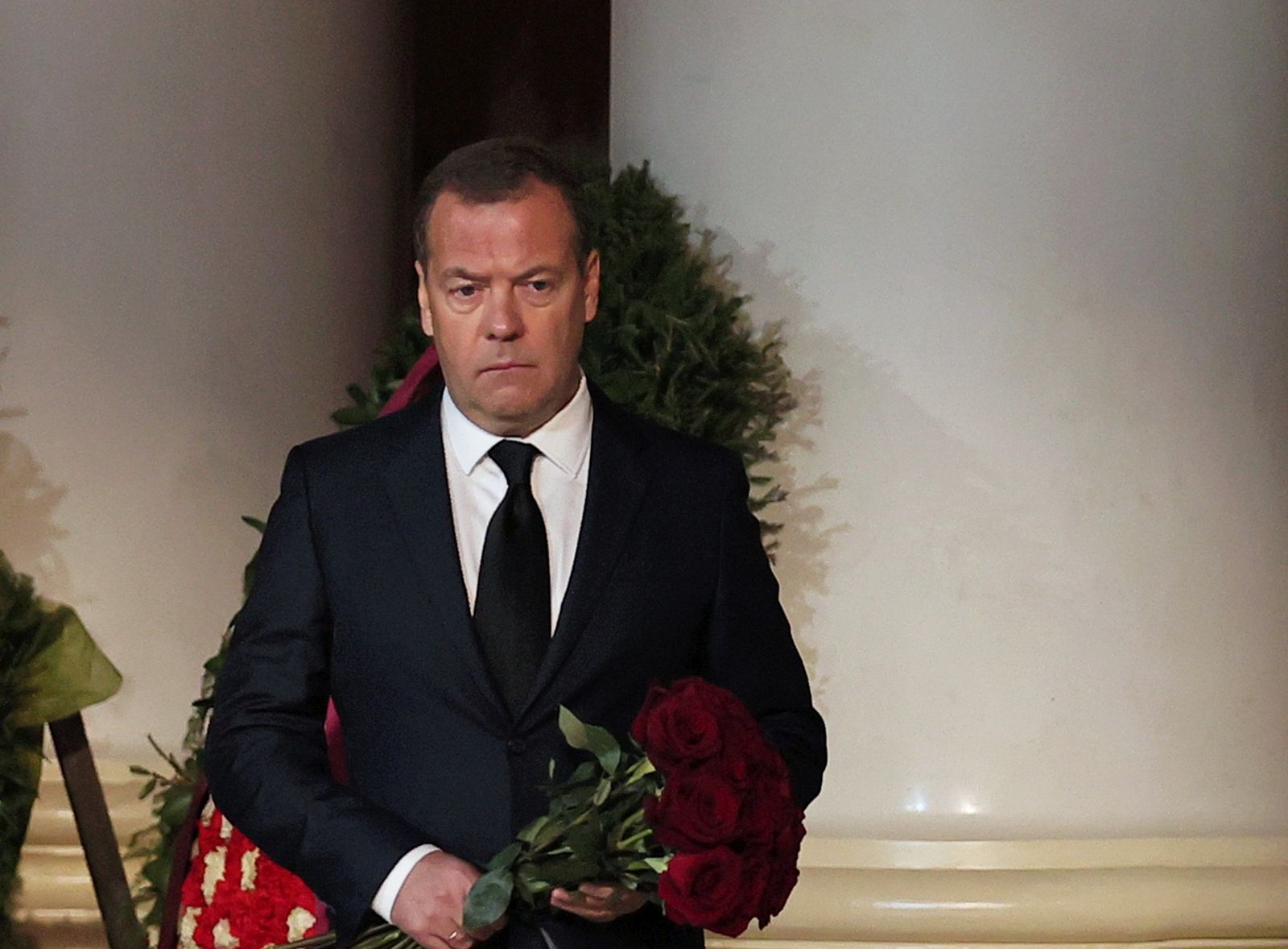 epa10156850 Deputy head of Russia's Security Council Dmitry Medvedev attends a farewell ceremony of the late former Soviet president Mikhail Gorbachev at the Hall of Columns of the House of Trade Unions in Moscow, Russia, 03 September 2022. Former Soviet leader Mikhail Gorbachev died on 30 August 2022 at the age of 91 in Moscow Central Clinical Hospital. Gorbachev initiated numerous reforms during his tenure. He signed a nuclear arms treaty with the United States and withdrew the Soviet Union from the Soviet-Afghan war. His policies created freedom of speech and press, and decentralized fiscal policy planning and execution to increase efficiency. Gorbachev was the last leader of the Soviet Union, overseeing Russia transition from one party rule to a fragile democracy. Gorbachev will be buried at the Novodevichy Cemetery in Moscow next to the grave of his wife Raisa.  EPA/EKATERINA SHTUKINA/SPUTNIK/KREMLIN POOL / POOL MANDATORY CREDIT
