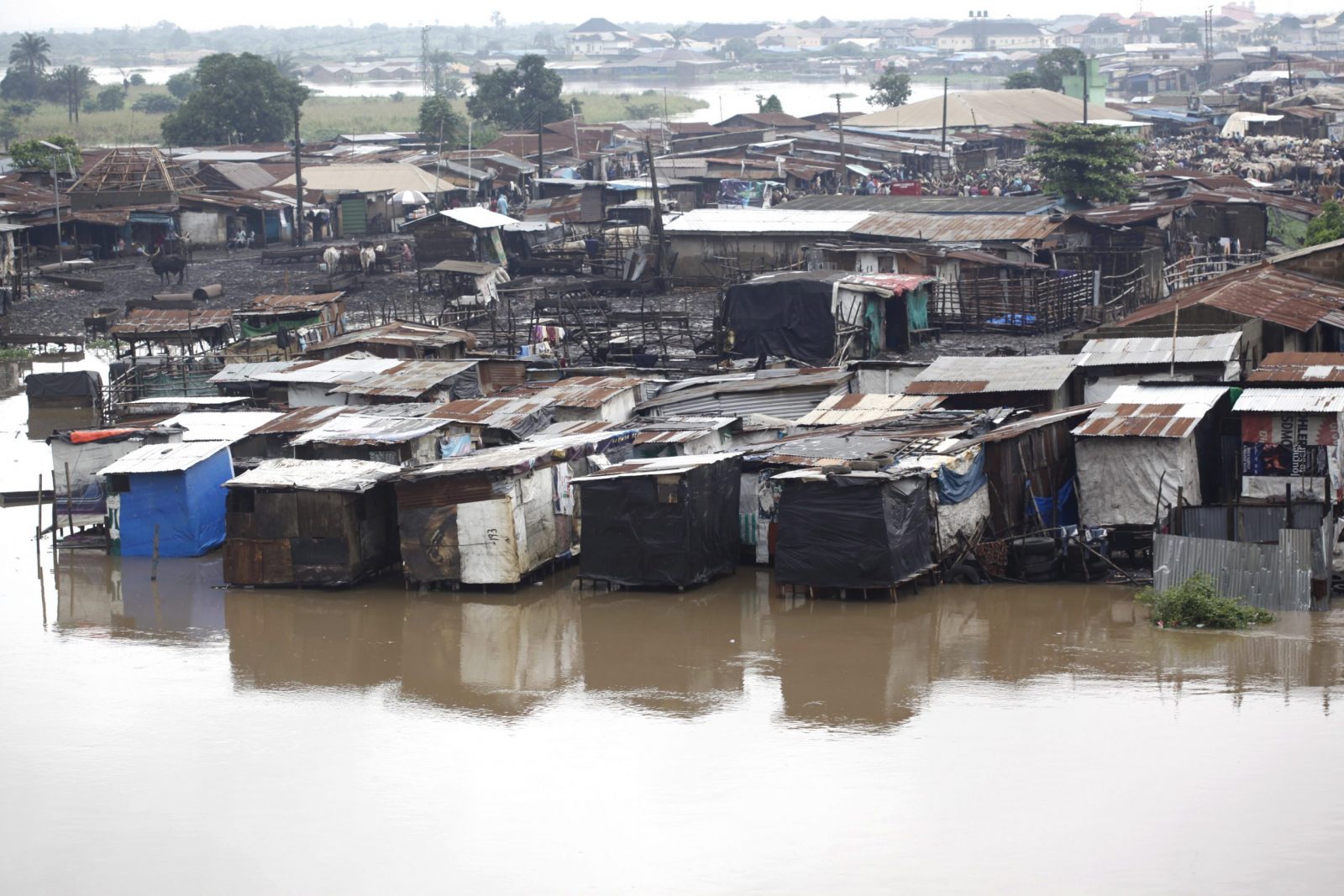epa10180166 A livestock market with makeshift stalls is seen flooded after a rainfall in Lagos, Nigeria 12 September 2022. Flooding is a common phenomenon in Lagos with the impact on road and street trading.  EPA/Akintunde Akinleye