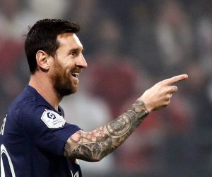 epa10192228 Paris Saint Germain's Lionel Messi celebrates after scoring the 1-0 lead during the French Ligue 1 soccer match between Olympique Lyonnais and Paris Saint-Germain (PSG) in Decines, near Lyon, France, 18 September 2022.  EPA/Mohammed Badra