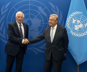 epa10192624 European Union foreign policy chief Josep Borrell (L) shakes hands with United Nations Secretary General Antonio Guterres (R) at UN headquarters, in New York, New York, USA, 18 September 2022.  EPA/Craig Ruttle / POOL