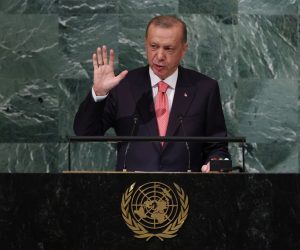 epa10195426 Turkish President Recep Tayyip Erdogan delivers his address during the 77th General Debate inside the General Assembly Hall at United Nations Headquarters in New York, New York, USA, 20 September 2022.  EPA/JUSTIN LANE
