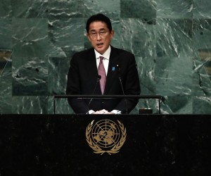 epa10196116 Prime Minister of Japan, Kishida Fumio  delivers his address during the 77th General Debate inside the General Assembly Hall at United Nations Headquarters in New York, New York, USA, 20 September 2022.  EPA/Peter Foley