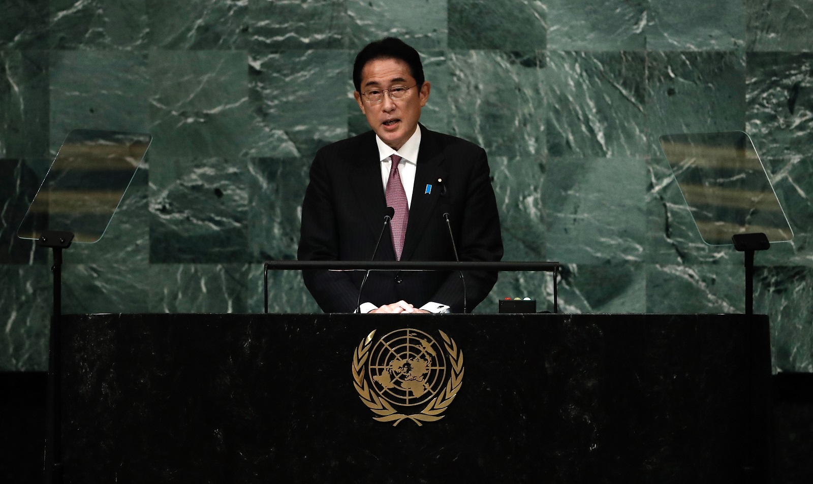 epa10196116 Prime Minister of Japan, Kishida Fumio  delivers his address during the 77th General Debate inside the General Assembly Hall at United Nations Headquarters in New York, New York, USA, 20 September 2022.  EPA/Peter Foley