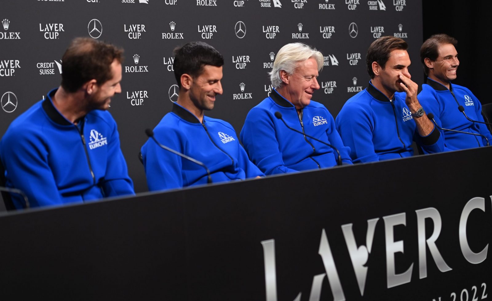 epa10198953 From L: British player Andy Murray, Serbian player Novak Djokovic, former World No.1 and captain of Team Europe Bjoern Borg of Sweden, Swiss player Roger Federer and Spanish player Rafael Nadal during a press conference in London, Britain, 22 September 2022, ahead of the Laver Cup tennis tournament starting on 23 September.  EPA/ANDY RAIN
