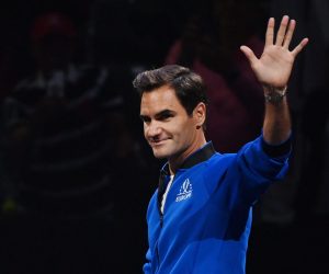 epa10203594 Team Europe's Roger Federer during Day 2 of the Laver Cup at the O2 Arena in London, Britain 24 September 2022. Federer played his last game before retirement on 23 September 2022.  EPA/ANDY RAIN