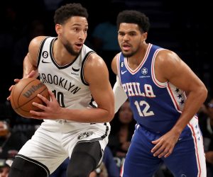 Oct 3, 2022; Brooklyn, New York, USA; Brooklyn Nets guard Ben Simmons (10) controls the ball against Philadelphia 76ers forward Tobias Harris (12) during the first quarter at Barclays Center. Mandatory Credit: Brad Penner-USA TODAY Sports