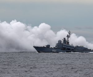epa10160972 Russian missile boat project 12411 M releases a smoke screen during the Vostok 2022 strategic command and staff exercise in the Peter the Great Gulf of the Sea of Japan, near Vladivostok, Russia, 05 September 2022. The Vostok 2022 strategic command and staff exercise will take place from 01 to 07 September 2022 and will involve over 50,000 servicemen and more than 5,000 units of weapons and military equipment.  EPA/YURI KOCHETKOV