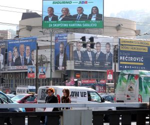 epa10211480 Election campaign posters in Sarajevo, Bosnia and Herzegovina, 28 September 2022. More than three million Bosnian citizens are expected to vote in the country's general elections on 02 October. 90 political parties and 10 candidates for the three members of the Bosnian presidency were registered.  EPA/FEHIM DEMIR