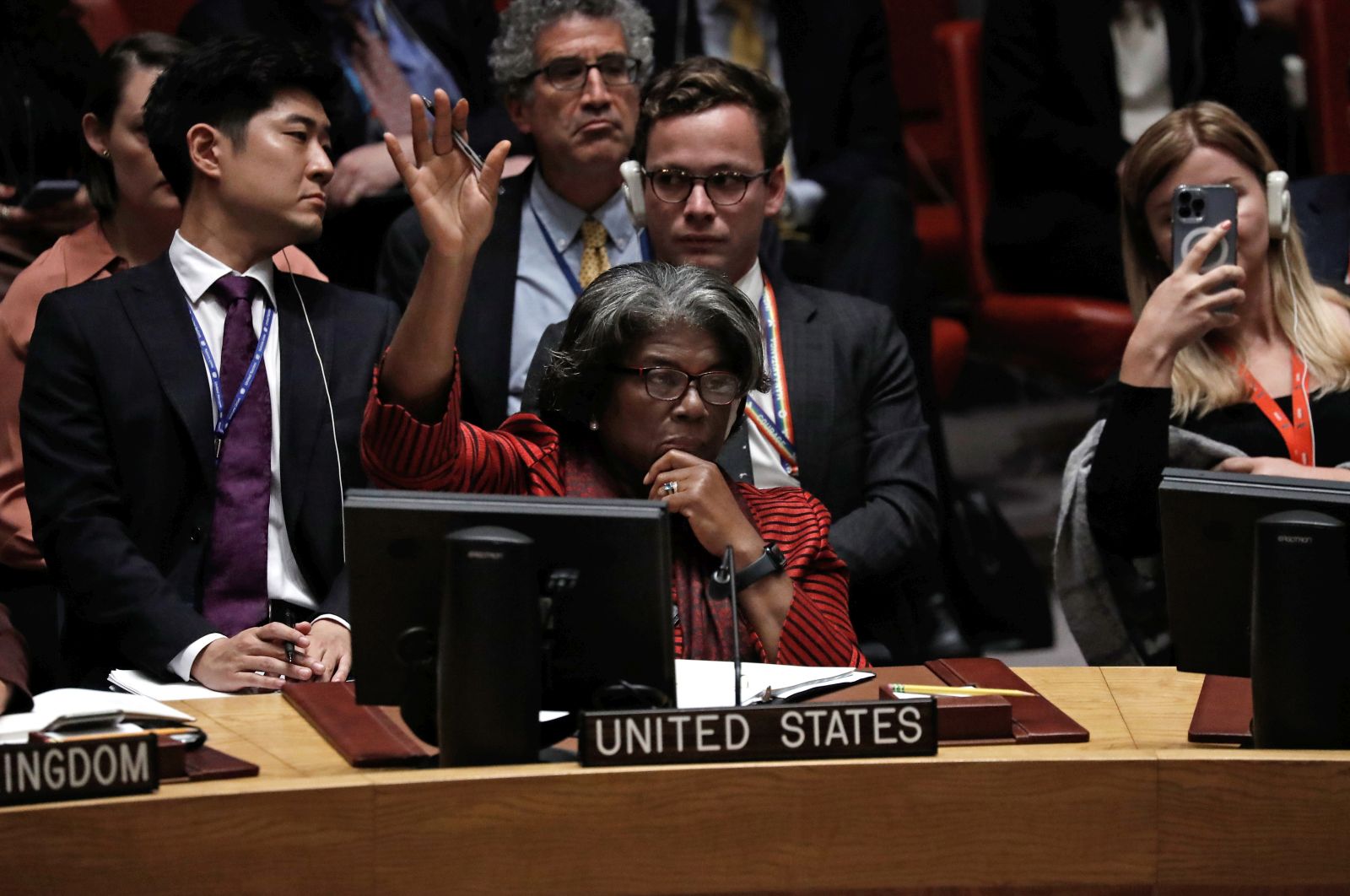 epa10216565 US Ambassador to the United Nations Linda Thomas-Greenfield votes yes on a UN Security Council resolution to condemn Russia's annexation of Ukrainian territory  during a United Nations Security Council meeting on the situation in Ukraine at United Nations Headquarters in New York, New York, USA, 30 September 2022. The Russian President has declared that there are four new regions of Russia and signed on 30 September the formal annexation of the Kherson, Zaporizhzhia, Donetsk and Luhansk regions of Ukraine.  EPA/Peter Foley