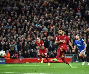 epa10223776 Mohamed Salah of Liverpool FC scores a goal during the UEFA Champions League group A soccer match between Liverpool FC and Rangers FC in Liverpool, Britain, 04 October 2022.  EPA/Peter Powell