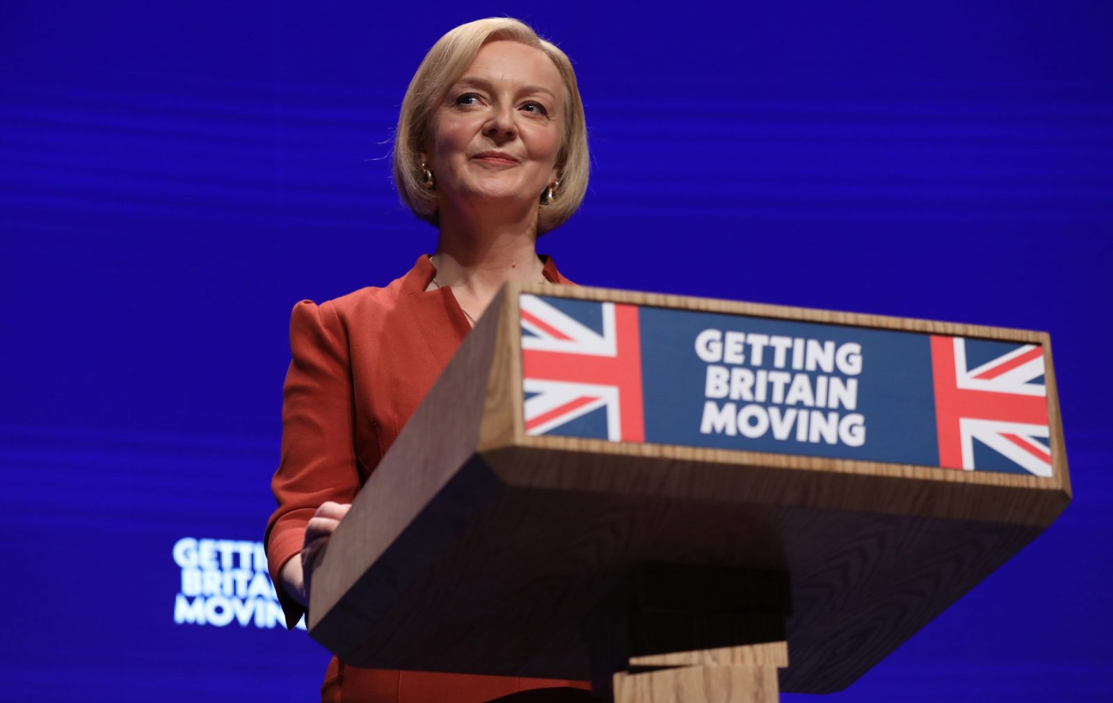 epa10224778 British Prime Minister Liz Truss delivers her keynote speech at the Conservative Party Conference in Birmingham, Britain, 05 October 2022. Truss' first conference speech as party leader comes after a few turbulent weeks, with the mini budget causing turmoils in markets and uprisings in her party, only one month into her premiership.  EPA/ISABEL INFANTES