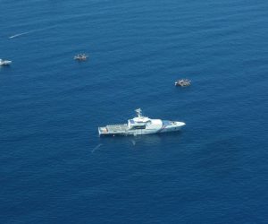 epa10226206 A handout aerial photo made available by Philippine Coast Guard (PCG) shows Chinese Coastguard ships patrolling in the vicinity of the disputed Scarborough Shoal in the South China Sea, Philippines, 06 September 2022. In a statement issued by the Philippine Coast Guard Commandant Admiral Artemio M Abu, the PCG monitored four China Coast Guard (CCG) vessels and Chinese military vessels in the vicinity of the Scarborough Shoal during an aerial surveillance operation.  EPA/PCG / HANDOUT BEST QUALITY AVAILABLE HANDOUT EDITORIAL USE ONLY/NO SALES