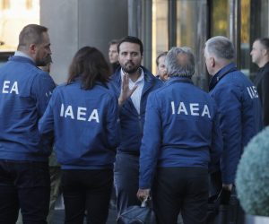 epa10227358 International Atomic Energy Agency (IAEA) members gather as they arrive to a hotel in Kyiv, Ukraine, 06 October 2022. IAEA Director-General Rafael Grossi visits Kyiv and later Russia for talks to agree on and implement a nuclear safety and security protection zone around the Zaporizhzhya Nuclear Power Plant (ZNPP) as soon as possible. The ZNPP is the largest European nuclear power plant and is held by Russian forces but operated by Ukrainian staff. Russian troops entered Ukraine on 24 February 2022 starting a conflict that has provoked destruction and a humanitarian crisis.  EPA/SERGEY DOLZHENKO