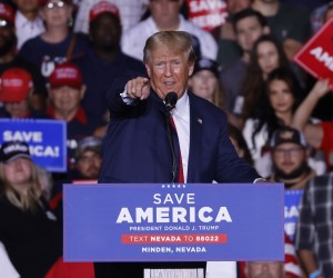 epa10232076 Former US President Donald J. Trump addresses supporters during the Save America rally at the Minden-Tahoe Airport in Minden, Nevada, USA, 08 October 2022. Trump is holding rallys for congressional candidates he supports in the run-up to the mid-term elections.  EPA/PETER DASILVA