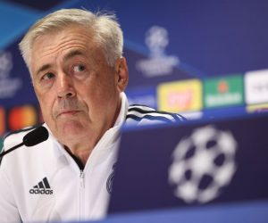 epa10234973 Real Madrid's head coach Carlo Ancelotti takes part in a press conference in Warsaw, Poland, 10 October 2022. Real Madrid will face Shakhtar Donetsk in their UEFA Champions League Group F soccer match on 11 October.  EPA/Leszek Szymanski POLAND OUT