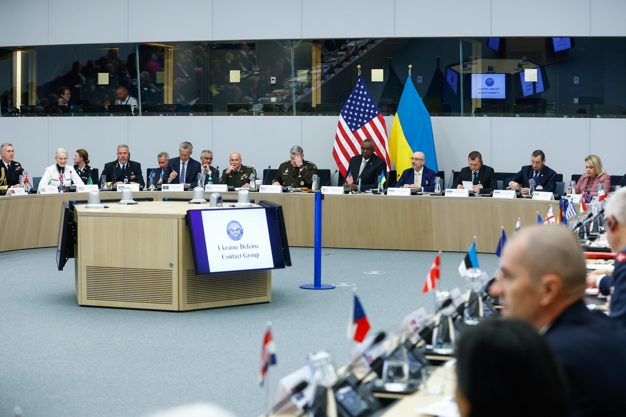 epa10238524 A view of the meeting room at the start of a Meeting of the Ukraine Defense contact group, as part of a NATO Council Defense Ministers at the Alliance headquarters in Brussels, Belgium, 12 October 2022. Meetings of the North Atlantic Council (NAC) at the level of Defence Ministers will be held at the NATO Headquarters on 12 and 13 October 2022.  EPA/STEPHANIE LECOCQ