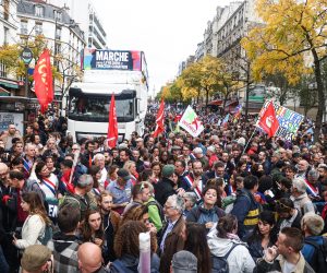 epa10247454 Protesters participate in a rally against rising prices in France, in Paris, France, 16 October 2022. La France Insoumise (LFI), French Socialist Party (PS), Europe-Ecologie Les Verts (EELV) and several trade unions including the General Confederation of Labor (CGT) called for a rally against the high cost of living and climate inaction on 16 October, and for a day of strike and interprofessional demonstrations on 18 October for a salary increase in France.  EPA/MOHAMMED BADRA