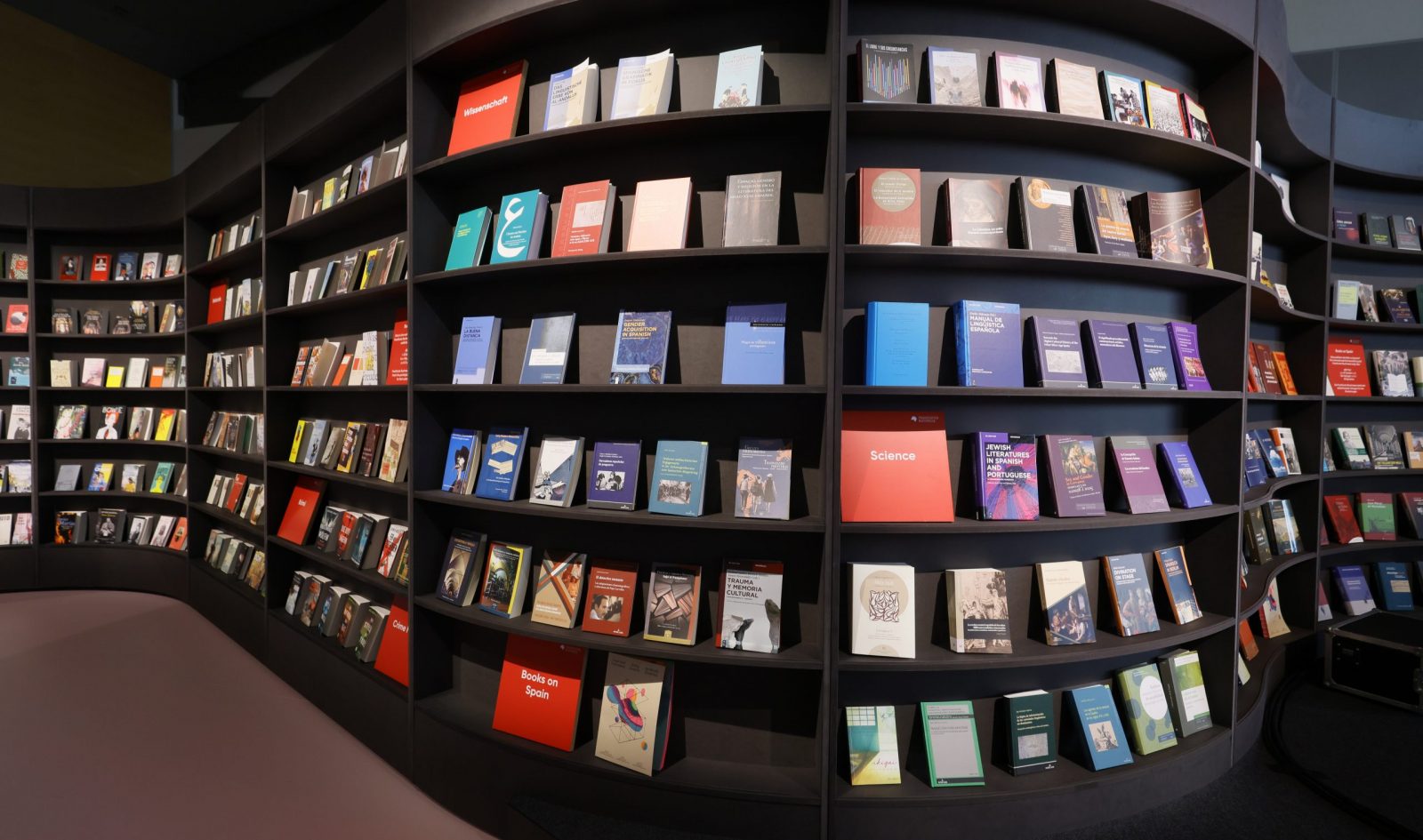 epa10250251 Books are on display at the Guest of Honor pavilion of Spain at the Frankfurt International Book Fair 2022, in Frankfurt am Main, Germany, 18 October 2022. The 74th Frankfurt Book Fair runs from 19 to 23 October 2022. This year's Guest of Honor country is Spain.  EPA/RONALD WITTEK