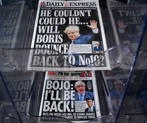 epa10257165 UK newspapers speculate over a possible return of power to former British prime minister Johnson at a store in London, Britain 21 October 2022. Former prime minister Johnson is one among candidates MPs have voiced their support for, a day after Truss announced her resignation as prime minister in a statement outside 10 Downing on 20 October after only 44 days in office. Commons Leader Mordaunt is yet the only one to officially have declared to run for the party's leadership.  EPA/ANDY RAIN