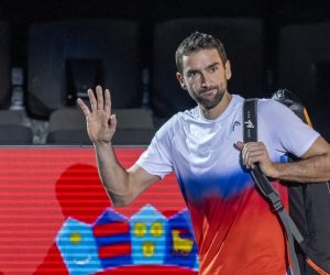 epa10263844 Croatia's Marin Cilic prior to his first round match against France's Arthur Rinderknech at the Swiss Indoors tennis tournament, in Basel, Switzerland, 24 October 2022.  EPA/GEORGIOS KEFALAS
